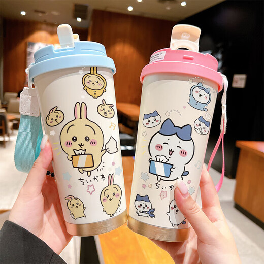 
Usaqi Water Cup Usaqi Thermal Cup Student Women's Model with Straw Large Capacity Car Water Cup Coffee Portable Double BXAB10975 Jiyikawa 520ML-with Lanyard [Pink and White]-painted Print