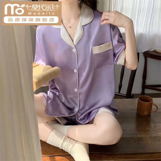 莫代尔ins风韩版简约冰丝睡衣女夏季短袖短裤套装少女丝 LW-9214【短袖短裤】 M 【建议80-100斤】