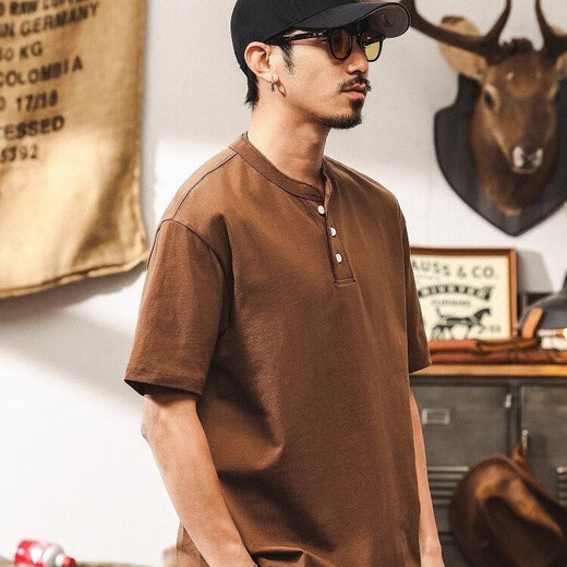 真维斯（Jeanswest）美式复古300g重磅亨利领短袖男款夏季宽松纯棉T恤潮牌男士Polo衫 蓝色 M 【适合100-125斤】