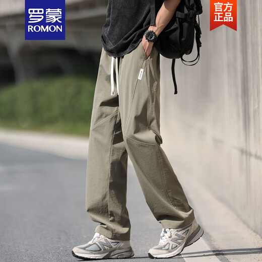 罗蒙（ROMON）男士裤子夏季薄款美式直筒冰丝裤男生军绿色凉感透气休闲长裤 军绿色6636 XL