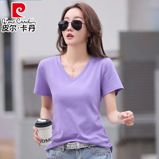 皮尔卡丹（pierre cardin）薄款休闲纯棉v领正肩短袖T恤女夏季韩版新款时尚运动气质T恤衫潮 气质紫(纯棉9854款) S 85-95斤