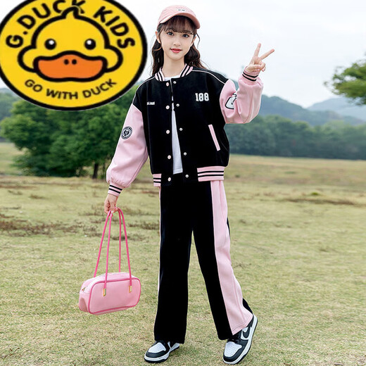 G.DUCKKIDS女童棒球服套装春季2025新款学院风中大儿童洋气春秋运动装两件套 BQ1396黑色两件套 150 尺码建议身高140左右