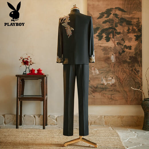 Playboy (PLAYBOY) new Chinese style Xiuhe suit groom tunic suit wedding suit heavy industry suit jacket men's engagement black toast suit Panlong style 2XL
