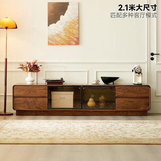 Zhidian Massivholz-TV-Schrank, bodenstehend, nordamerikanisches schwarzes Walnussholz, italienisches leichtes Luxus-High-End-Villa-Standmodell mit Glastür-Unterschrank, 2,15 Meter TV-Schrank YYGMC675, Walnuss
