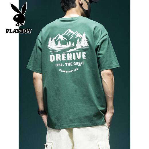 花花公子（PLAYBOY）重磅260g三本针短袖T恤男宽松大码美式高街印花夏季上衣 T1506墨绿色 M 体重100-125斤