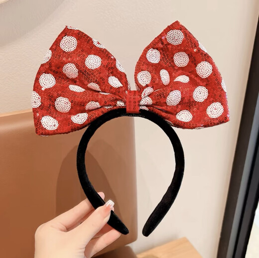 ENRMIIV Cartoon Children's Sequined Minnie Headband Runaway Princess Headband Disney Photo Hair Accessory Hair Washing Hair Clip Full Sequined Polka Dot Red Bow - Filled with Cotton