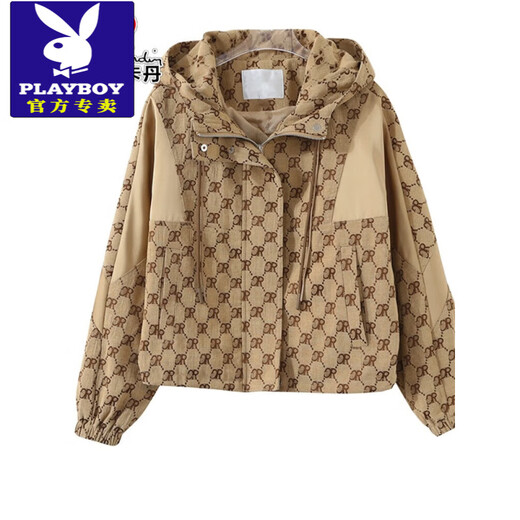 花花公子（PLAYBOY）休闲连帽印花短外套女春秋2025年新款时尚洋气百搭宽松夹克上衣潮 L