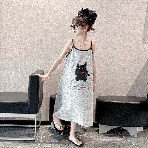 MOKITOUL女童纯棉睡裙夏季2025新款儿童女孩大童超好看家居服甜美吊带睡衣 灰色 110cm 均码