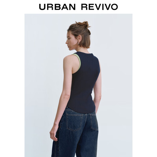 UR2025 summer new women's clothing fashion casual contrast embroidery pattern slim vest UYY450067 ink blue S