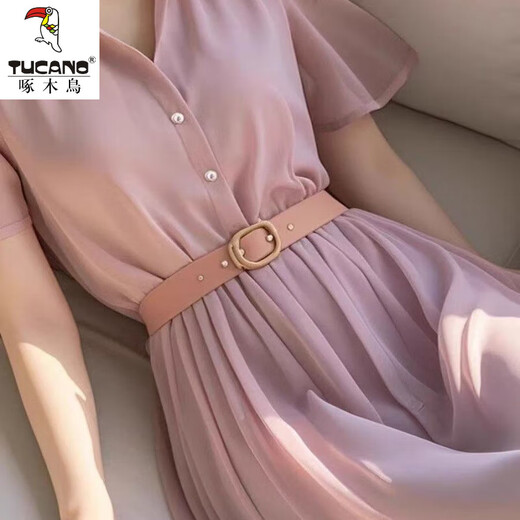 
Woodpecker French shirt dress for women 2025 temperament gentle long skirt for summer new light luxury high-end waist-hugging skirt light purple belt with lining L 110-120Jin [Jin equals 0.5 kg]