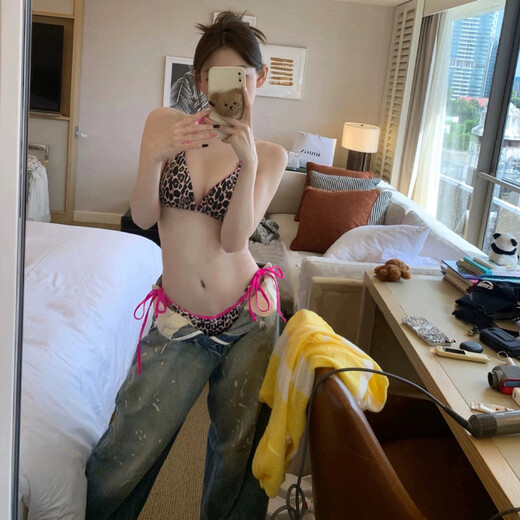 Nine-inch sunshine swimsuit bikini female sexy leopard print contrast color three-point hot girl small breasts gathered island beach resort hot spring split leopard print contrast color L