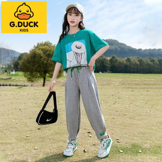 G.DuckKids Girls Suit à manches courtes 2025 Nouveau Spring and Summer Casual Voly Volydold Color imprimé mince à manches courte à manches vertes Top vert + pantalon gris 677 110