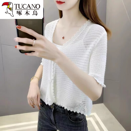Woodpecker Hollow Shgl Summer Rock Top Ice Seiden Sonnenschutzmittel Strickjacke Frauen Kurzjacke dünne Hemd Trendy Weiß XL