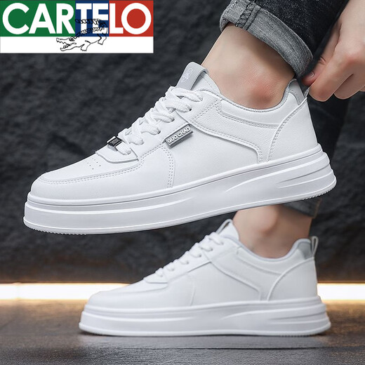 卡帝乐鳄鱼（CARTELO）高帮男鞋春秋款皮面运动鞋男2025新款休闲小白鞋男士潮流百搭板鞋 白灰A16813【精选款】 40