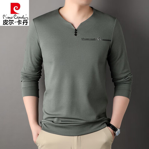 
Pier Cardin 100% pure cotton high-end long-sleeved T-shirt for men V-neck spring and autumn solid color cotton base shirt for men daddy top 6998 bean green M 165 suggestions 90-120Jin [Jin equals 0.5 kg]