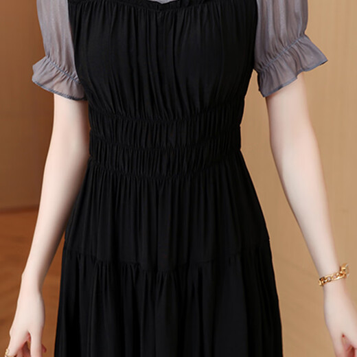 
OLJ light luxury brand dress for women 2025 summer new style design sense fashionable simple fake two-piece temperament skirt apricot color XL 116-125Jin [Jin equals 0.5 kg]