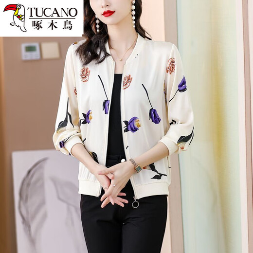 Woodpecker beautiful top mother suit spring and summer chiffon sunscreen clothes for women with fashionable polka dot printed zipper cardigan baseball uniform 8043 colors 2XL