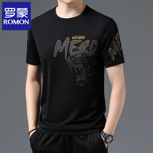 
ROMON (ROMON) mulberry silkworm. Silk short-sleeved T-shirt for men in summer new ice silk middle-aged and elderly men round neck printing trendy thin half-sleeved body Pure white 733 L 170 [recommended 120-135 Jin [Jin equals 0.5 kg]]