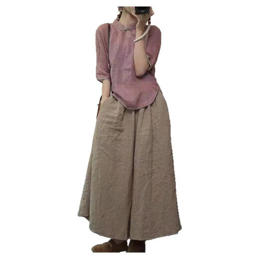 Hengyuanxiang nueva camisa de ramie de estilo chino para mujeres 2025 Summer Nuevo edad de alta gama Reducción de pantalones de pierna ancha Pantalones de dos piezas Pantalones de mujer Pantalones de mujeres/Typants pequeños M Alcance (sugerido 90-115Jin [Jin equivale a 0.5 kg])