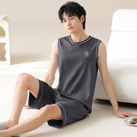 VTT无袖睡衣夏季纯棉套装背心男士新款家居服男款薄款短裤可外 V背心套装：OMM13657 L