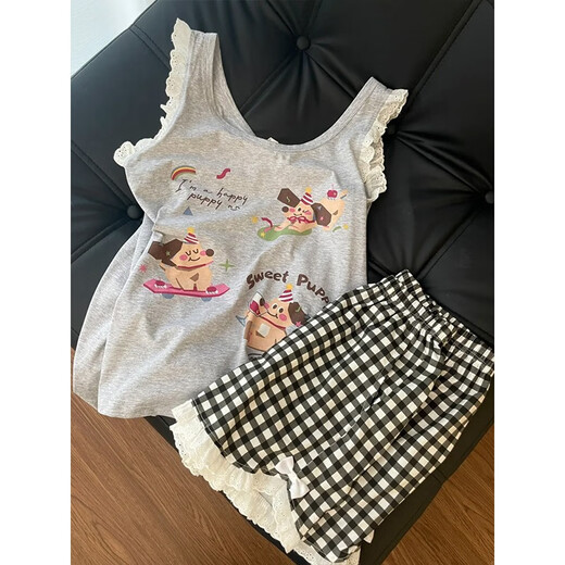 缪黛腊肠狗睡衣女夏季莫代尔无袖性感吊带背心带胸垫夏天家居服两件套 腊肠狗 M