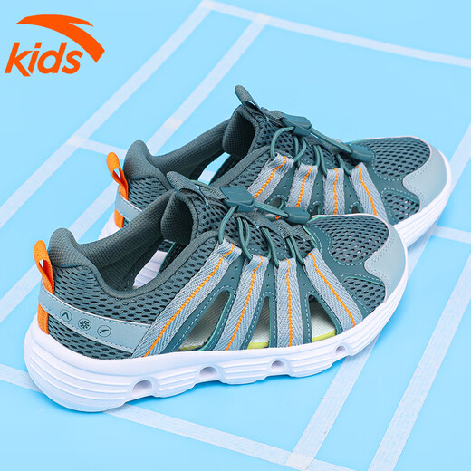 Anta Children's Sandals Boy's Middle Child Mesh Buchable Baby's Baby Bump Foot Kick Hole Chaussures de plage de Boy's Beach Traçage des chaussures de ruisseau Sage Green / Fish Green 33