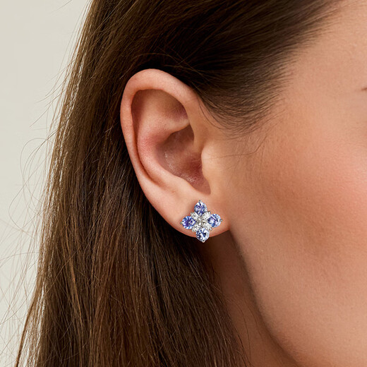 HKHL with certificate 925 silver four-leaf clover earrings for women, natural tanzanite sapphire earrings for women, anniversary gift, a pair of four-leaf clover earrings, certificate + light luxury gift box