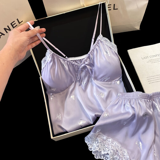 Pure desire wind ice silk polka dot suspender pajamas for women in 2025 new lace lace cute home suit set 832-1 set purple L within 120