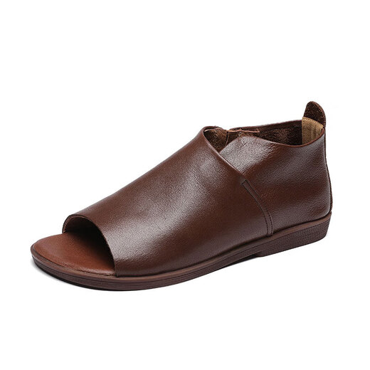 Sandales en bouche de poisson rouges de libellule pour femmes 2025 Été réel cuir doux rétro maman décontractée sandales en cuir plate glissade chaussures de plage romaine marron 35