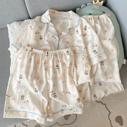 恒源祥纯棉纱布睡衣女短袖长裤春夏款三件套可爱小狗少女开衫家居服夏季 云朵棉-J9901#乐园小狗三件套 M 【建议75-100斤】