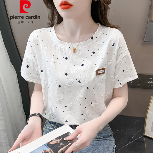 皮尔卡丹（pierre cardin）纯棉印花t恤女短袖夏装2025年新款宽松印花设计感百搭t恤上衣潮 1396#白色 M 适合100-109斤