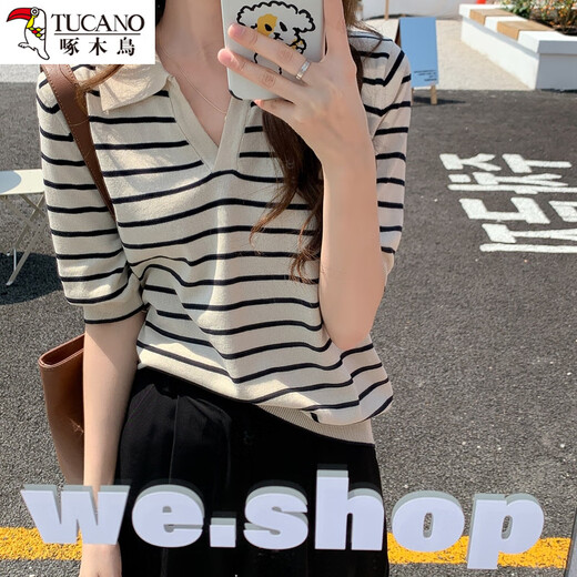 啄木鸟polo翻领条纹冰丝针织衫女2025夏季新款短袖t恤宽松小众半袖上衣 黑色. M (建议80-125斤)