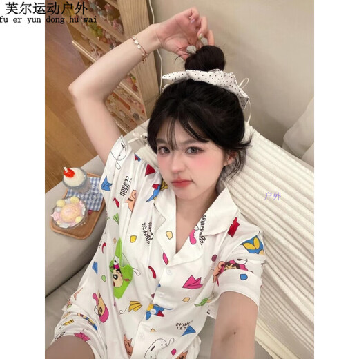 阿尤布蜡笔小新睡衣日系三件套蜡笔小新睡衣女夏季天薄款短袖长裤 KK-14123[短袖]三件套 M [建议80-100斤]