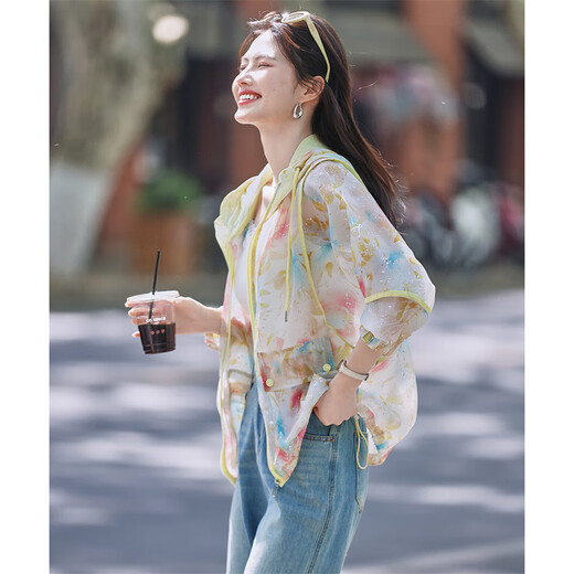 Shangjing Ou Ruofeng Monet Garden Printed Gold Sunshade Top 25 Summer New Loose and Slightly Transparent Hooded Jacket for Women