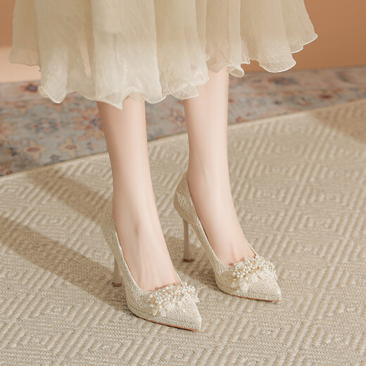 French pearl platform high-heeled shoes for small women, thick-soled single shoes, wedding dress, stiletto heels, wedding shoes for daily wear, champagne color 8CM, main picture 34