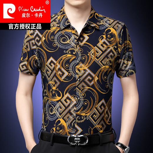 Pierre cardin summer middle-aged men's short-sleeved floral shirt loose casual printed shirt silk half-sleeved inch shirt summer short-sleeved shirt black 35-691 S size 165 (90-118Jin [Jin equals about 0.5 kg])