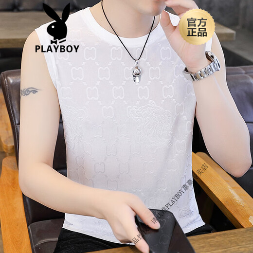 花花公子（PLAYBOY）2025夏季新款男士冰丝提花背心加肥加大码速干无痕无袖T恤衫 【单件上衣】Q6629卡其 XL 130-150斤