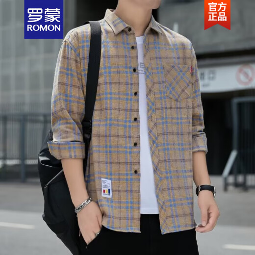 罗蒙（ROMON）格子休闲衬衫男士春秋季长袖衬衣韩式上衣服复古宽松夏季薄款外套 K12111黄蓝色 M 90-110斤