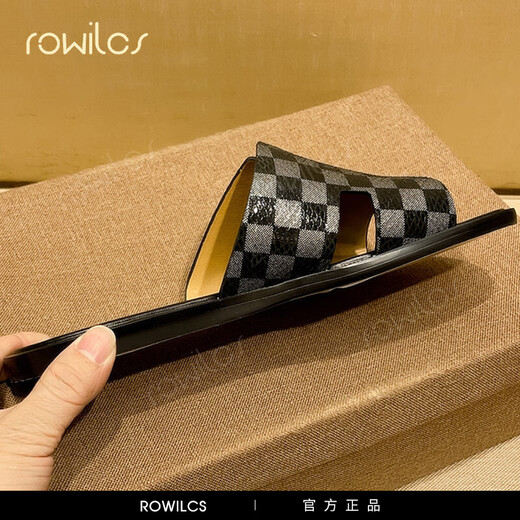 rowilcs品牌新款男士牛皮拖鞋夏季外穿软底大码休闲室外一字凉拖时尚舒适 黑色 38