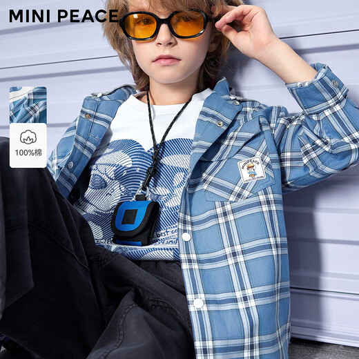 MiniPeace counter same style PEACEBIRD children's shirt spring and autumn plaid hooded long-sleeved jacket blue 120