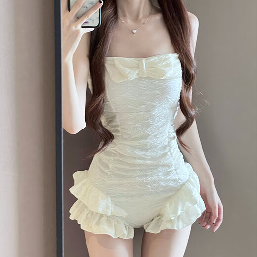 Bo Naling New Year Swimsuit Women's 2025 New Style Beautiful Girly One-piece Skirt Conservative Covering Belly, Slimming Small Breasts, Gathering Vacation Ruffled Swimsuit Off-White One Size Fits 80-120Jin Jin is equal to about 0.5 kg