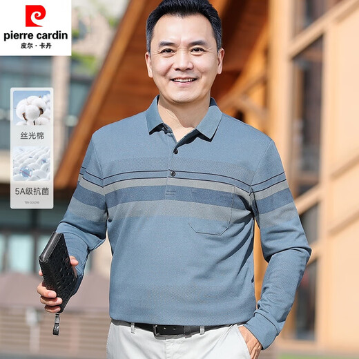 皮尔卡丹（pierre cardin）中老年男士爸爸装5AT恤秋季上衣翻领休闲条纹长袖POLO衫男装 2691浅蓝色 M 建议【100-120斤】高端轻奢抗皱免烫