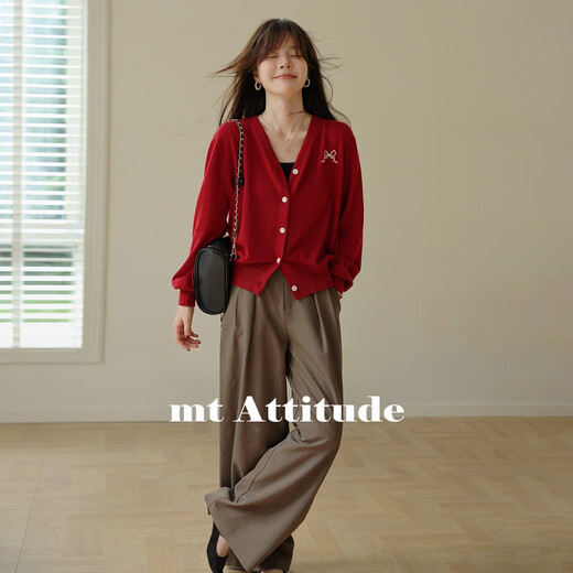 Mt high-intellectual atmosphere spring and autumn simple style embroidered V-neck cardigan soft waxy wool sweater women's top