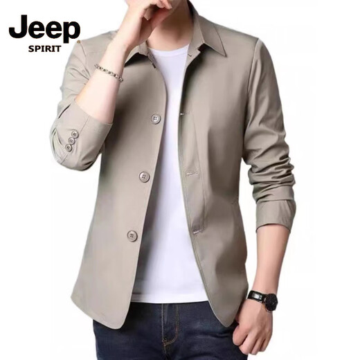 吉普（JEEP）春秋季男士商务休闲夹克西装中青年纯色翻领薄款韩版修身风衣外套  深蓝1048  M 【建议98-118斤】