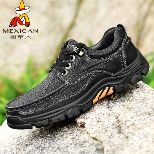 Scarecrow (MEXICAN) outdoor men's shoes genuine leather breathable cowhide big head leather shoes waterproof thick sole soft sole dad's shoes workwear shoes sports mountaineering DWW-6198 black 38