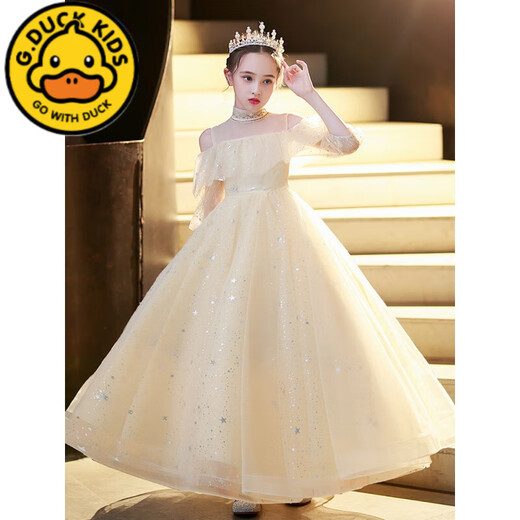 G.DUCKKIDS Girls Dress Flower Girls Wedding Little Girls Wedding Piano Playing Performance Clothes Children's High-end Host Princess Dress 692009 White [Follow + Crown] 150 cm Suitable for 140-150cm Ages 9-10 years