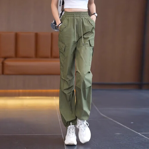 定原绿色美式工装裤女夏季薄款直筒裤2025新款高腰宽松阔腿速干运动裤 9929黑色【夏款】 L /28【105-115斤】