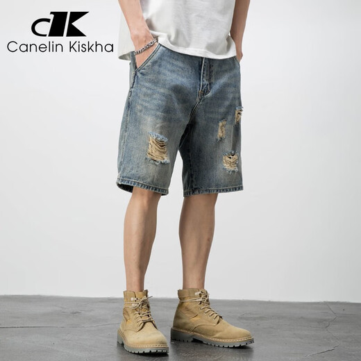 Canelin Kiskha American casual retro beggar ripped men's denim shorts men's loose trendy cropped pants summer thin mid-sized pants blue 719 size 29