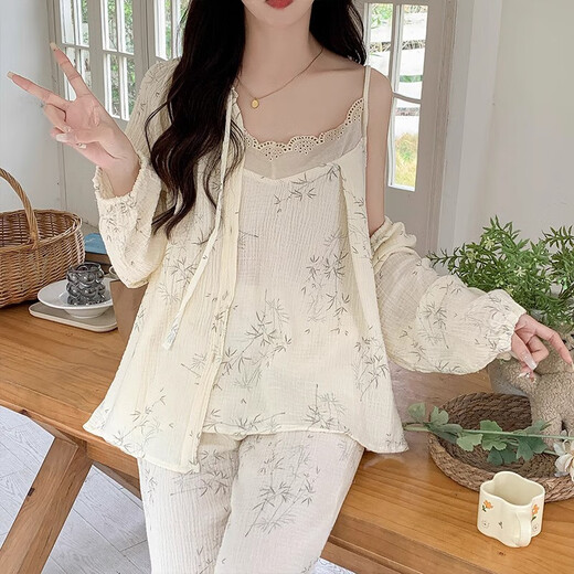 Montagut Cloud Cotton Pyjamas für Frauen im Frühjahr und Herbst Langarmschlingen Drei-teiliges Set Cute Leaf Pure Style Home Clothing 2025 NEU TFN#F9928 5XL M Empfohlen 75-95jin [Jin gleich 0,5 kg]
