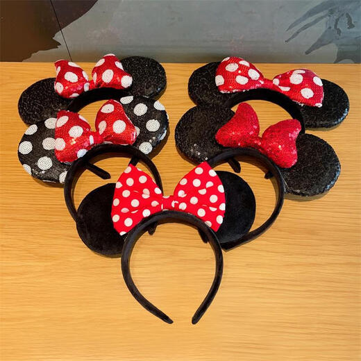 ENRMIIV Cartoon Children's Sequined Minnie Headband Runaway Princess Headband Disney Photo Hair Accessory Hair Washing Hair Clip Full Sequined Polka Dot Red Bow - Filled with Cotton